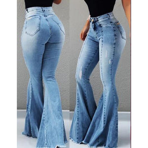 CALOFE 2019 Women's Jeans Casual Slim Stretchy Denim  Waist Jeans Oversized Long Flare Pants Light Blue Trousers for Women