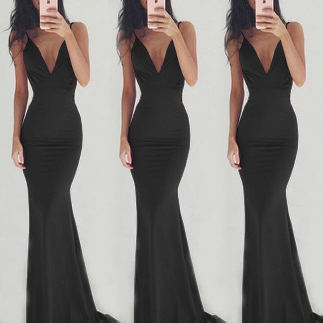 Hot Fashion Sexy Solid Color Spaghetti Strip Sleeveless Backless Party Dress Women V-neck Fishtail Maxi Dress vestidos de fiesta