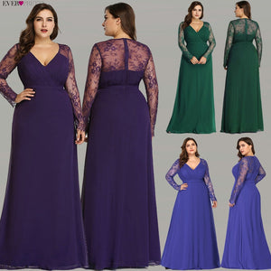 Formal Evening Dresses Ever Pretty EP08692 Women's Autumn Elegant V-neck Long Sleeve Lace Plus Size Prom Evening Party Gowns