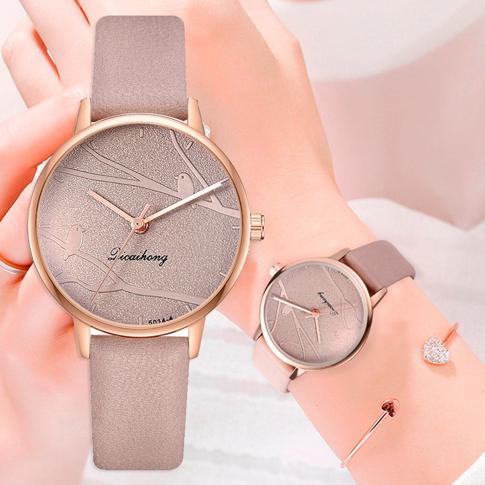 Fashion Women Sweet Watches Fashion Dress Ladies Watch Elegant Bird Leather Strap Quartz Wristwatch Clock Women Exquisite Watch