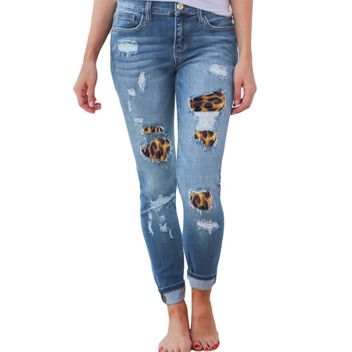 LASPERAL Women Plus Size High Waist Skinny Jeans Solid Leopard Patchwork Irregular Ribbed Holes Pencil Pant Stretch Slim Trouser