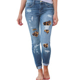 LASPERAL Women Plus Size High Waist Skinny Jeans Solid Leopard Patchwork Irregular Ribbed Holes Pencil Pant Stretch Slim Trouser