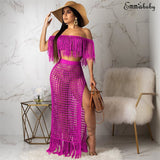 2019 Womens Off Shoulder Cover up See-through Hollow Sleeveless Tassel Summer Bathing Suit Solid Bikinis 2Pcs Swimwear Swimsuit