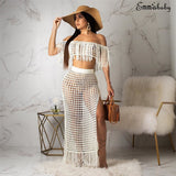 2019 Womens Off Shoulder Cover up See-through Hollow Sleeveless Tassel Summer Bathing Suit Solid Bikinis 2Pcs Swimwear Swimsuit