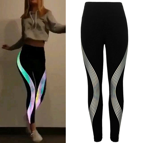 Women Leggings with Rainbow Reflective Workout Fitness Leggings Ladies Neon Pants High Wais Glow In The Dark Trousers #5$