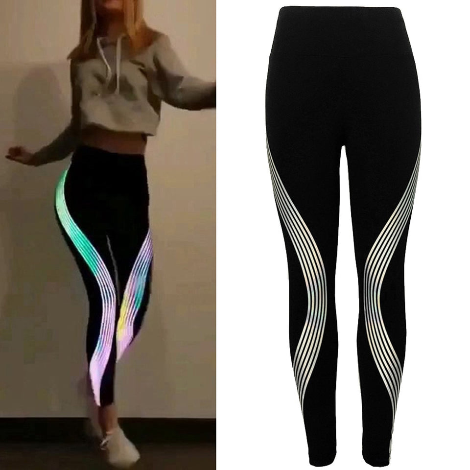 Women Leggings with Rainbow Reflective Workout Fitness Leggings Ladies Neon Pants High Wais Glow In The Dark Trousers #5$