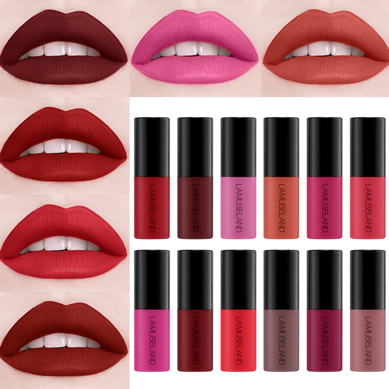 12 Colors Lip Gloss Waterproof Lasting Matte Liquid Lipstick Easy To Carry Nude Red Non-stick Cup Lip Tint Makeup
