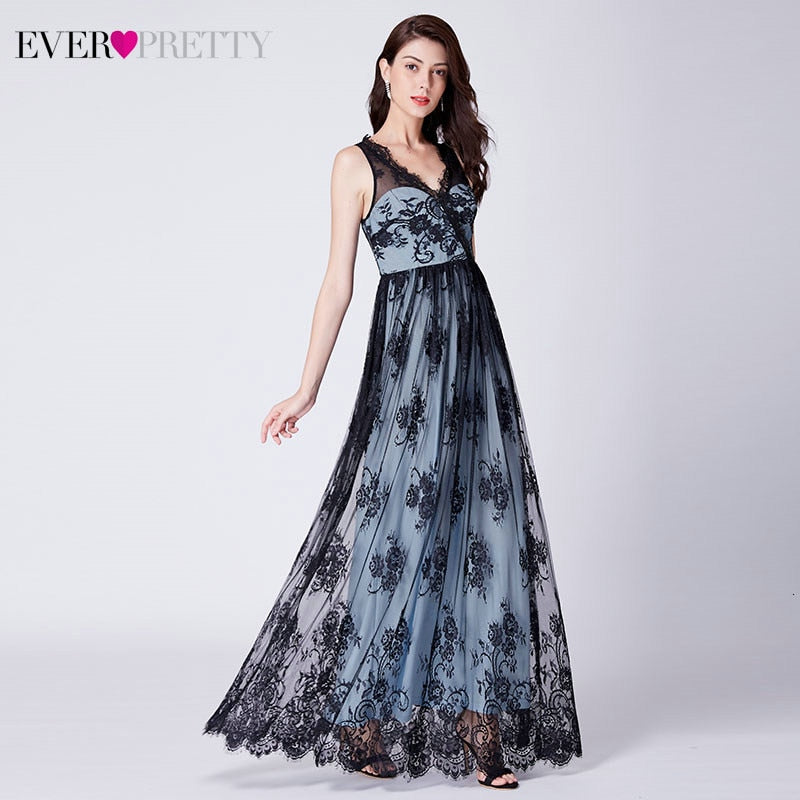 Robe De Soiree Elegant Lace Evening Dresses Long Ever Pretty EP07422BK A-Line V-Neck Sleevless Illusion Party Gowns Vestidos