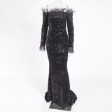 Burgundy Shiny Sequin Feather Velvet Party Dress Long Sleeve Bodycon Stretchy Slash Neck Floor Length Mermaid Dress Black Green