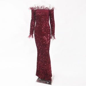 Burgundy Shiny Sequin Feather Velvet Party Dress Long Sleeve Bodycon Stretchy Slash Neck Floor Length Mermaid Dress Black Green