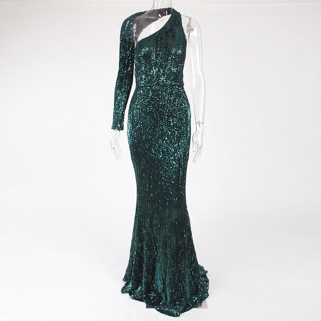 Green Sequined Maxi Dress Open Back Sequined One Shoulder Stretchy One Sleeve Evening Floor Length Backless Evening Party Dress