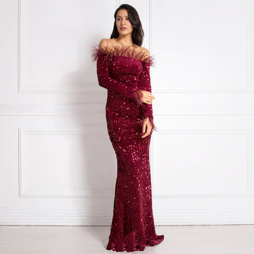 Burgundy Shiny Sequin Feather Velvet Party Dress Long Sleeve Bodycon Stretchy Slash Neck Floor Length Mermaid Dress Black Green