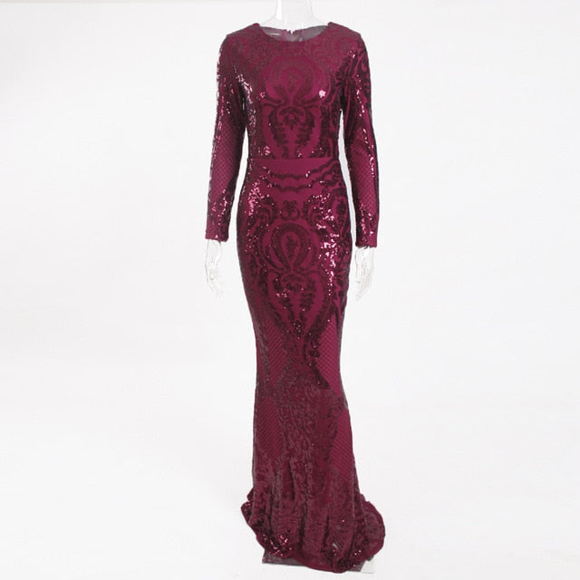 Burgundy Long Sleeve Sequined Maxi Dress Bodycon O Neck Full Length Stretchy Autumn Winter Long Evening Party Dress Black Gold