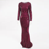 Burgundy Long Sleeve Sequined Maxi Dress Bodycon O Neck Full Length Stretchy Autumn Winter Long Evening Party Dress Black Gold