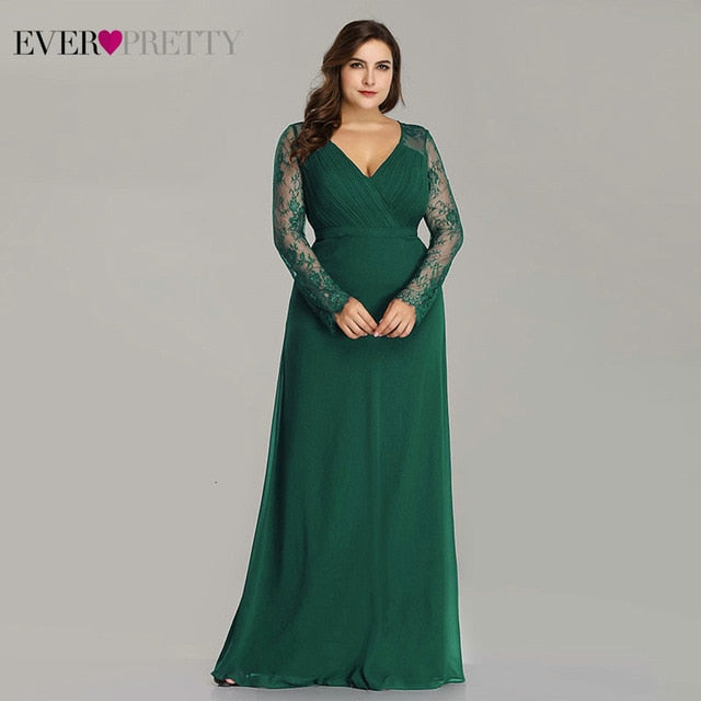 Formal Evening Dresses Ever Pretty EP08692 Women's Autumn Elegant V-neck Long Sleeve Lace Plus Size Prom Evening Party Gowns