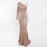 One Shoulder Stretchy Silver Sequin Party Dress Full Lining Bodycon Floor Length Backless Mermaid Tight Summer Dress