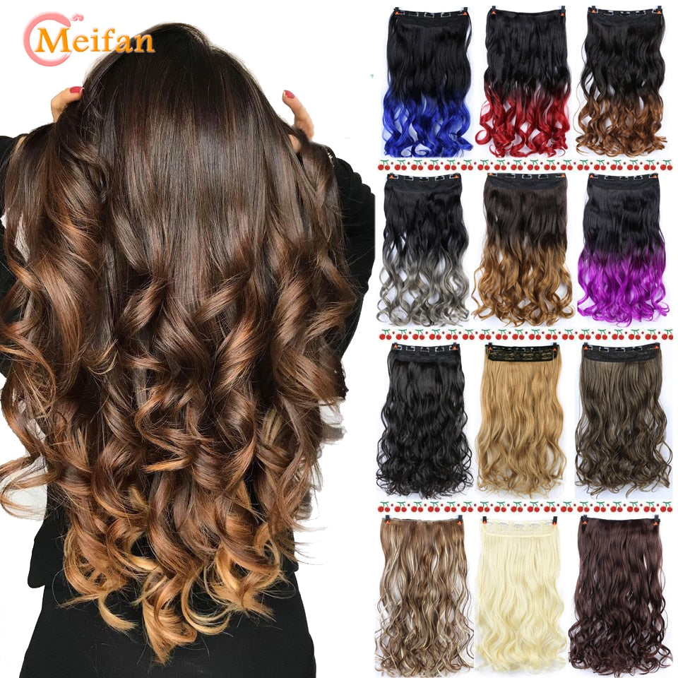 MEIFAN Waist 60cm Long Wavy Curly 5 Clip in Hair Extensions Natural Thick Straight Synthetic Hair Pieces Extention
