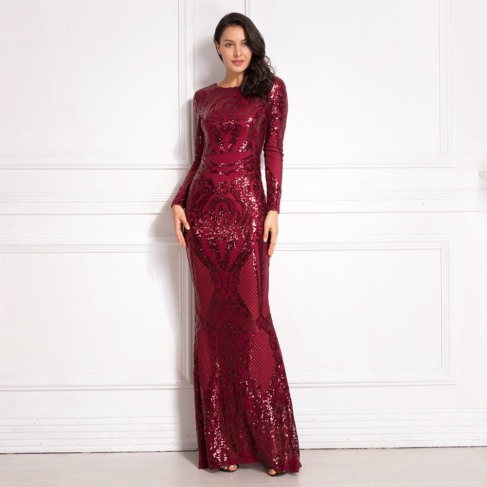 Burgundy Long Sleeve Sequined Maxi Dress Bodycon O Neck Full Length Stretchy Autumn Winter Long Evening Party Dress Black Gold