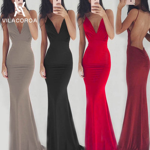 Hot Fashion Sexy Solid Color Spaghetti Strip Sleeveless Backless Party Dress Women V-neck Fishtail Maxi Dress vestidos de fiesta