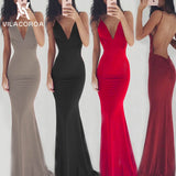 Hot Fashion Sexy Solid Color Spaghetti Strip Sleeveless Backless Party Dress Women V-neck Fishtail Maxi Dress vestidos de fiesta