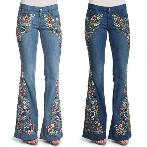 Women Embroidery Flowers Destoryed Flare Jeans Button Waist Bell Bottom Denim Pants 2019 Autumn Winter Pants Trousers