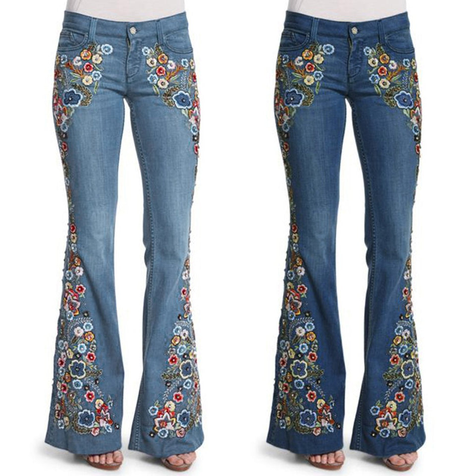 Women Embroidery Flowers Destoryed Flare Jeans Button Waist Bell Bottom Denim Pants 2019 Autumn Winter Pants Trousers