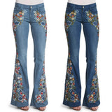 Women Embroidery Flowers Destoryed Flare Jeans Button Waist Bell Bottom Denim Pants 2019 Autumn Winter Pants Trousers