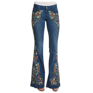 Women Embroidery Flowers Destoryed Flare Jeans Button Waist Bell Bottom Denim Pants 2019 Autumn Winter Pants Trousers