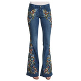 Women Embroidery Flowers Destoryed Flare Jeans Button Waist Bell Bottom Denim Pants 2019 Autumn Winter Pants Trousers