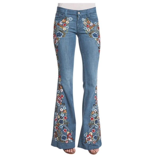 Women Embroidery Flowers Destoryed Flare Jeans Button Waist Bell Bottom Denim Pants 2019 Autumn Winter Pants Trousers