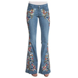 Women Embroidery Flowers Destoryed Flare Jeans Button Waist Bell Bottom Denim Pants 2019 Autumn Winter Pants Trousers