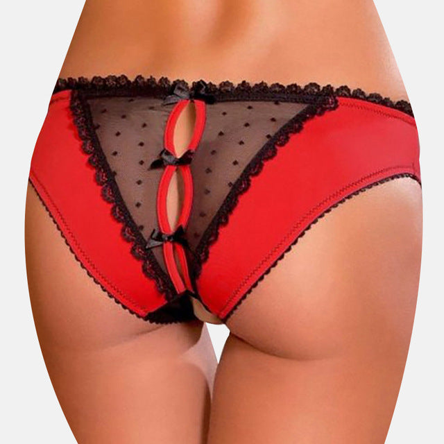 Lace Women Pants Open Crotch Mesh Sexy Temptation Thongs Bowknot Hallow Out Erotic Lingerie Crotchless Briefs Panties For Sex