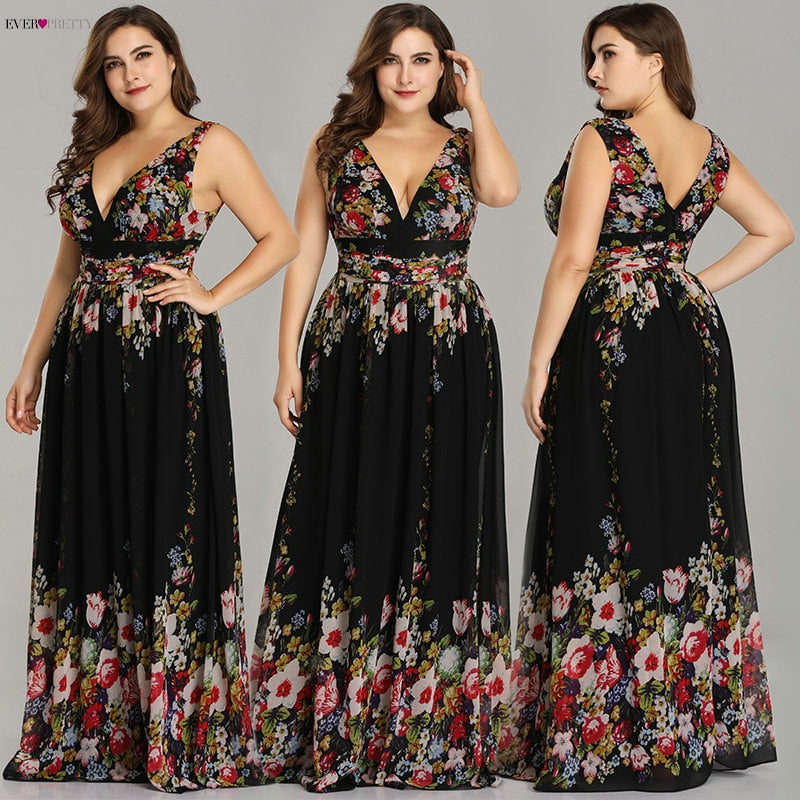 Sexy Double V-neck Sleeveless Black Long Flower Print Chiffon Formal Evening Dress 2020 Ever Pretty EP09016 Formal Gowns