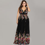 Sexy Double V-neck Sleeveless Black Long Flower Print Chiffon Formal Evening Dress 2020 Ever Pretty EP09016 Formal Gowns