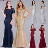 Formal Evening Dresses 2020 Ever Pretty New Mermaid O Neck Short Sleeve Lace Appliques Tulle Long Party Gowns Robe Soiree Sexy