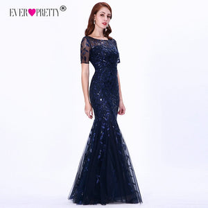 Formal Evening Dresses 2020 Ever Pretty New Mermaid O Neck Short Sleeve Lace Appliques Tulle Long Party Gowns Robe Soiree Sexy