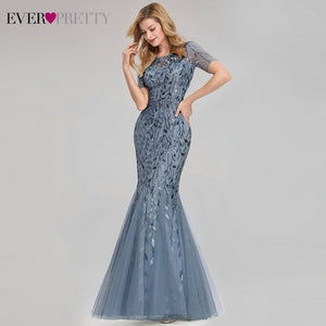 Formal Evening Dresses 2020 Ever Pretty New Mermaid O Neck Short Sleeve Lace Appliques Tulle Long Party Gowns Robe Soiree Sexy