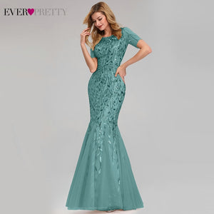 Formal Evening Dresses 2020 Ever Pretty New Mermaid O Neck Short Sleeve Lace Appliques Tulle Long Party Gowns Robe Soiree Sexy