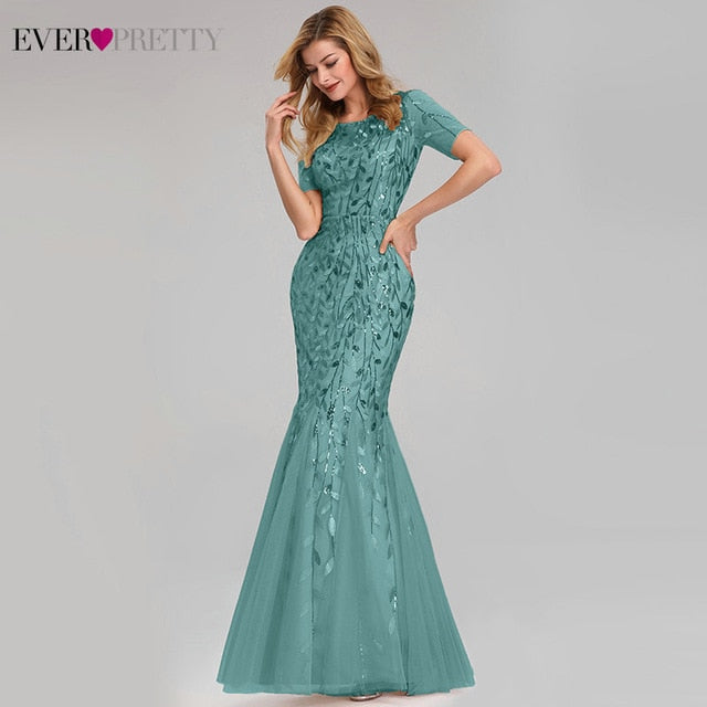 Formal Evening Dresses 2020 Ever Pretty New Mermaid O Neck Short Sleeve Lace Appliques Tulle Long Party Gowns Robe Soiree Sexy