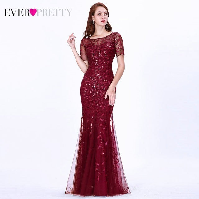 Formal Evening Dresses 2020 Ever Pretty New Mermaid O Neck Short Sleeve Lace Appliques Tulle Long Party Gowns Robe Soiree Sexy