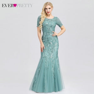 Formal Evening Dresses 2020 Ever Pretty New Mermaid O Neck Short Sleeve Lace Appliques Tulle Long Party Gowns Robe Soiree Sexy