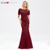 Formal Evening Dresses 2020 Ever Pretty New Mermaid O Neck Short Sleeve Lace Appliques Tulle Long Party Gowns Robe Soiree Sexy