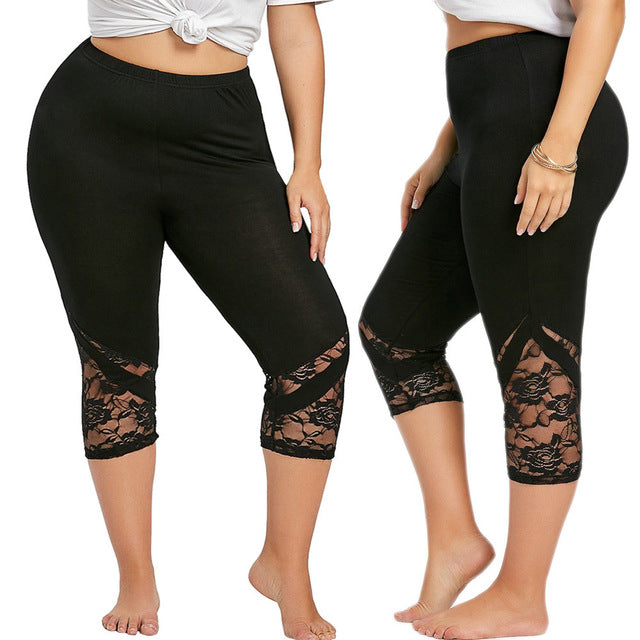 Women Leggings Plus Size Patchwork Lace Trousers Skinny Pants High Elastic Waist Summer Cropped Leggings Fitness Trousers #5$