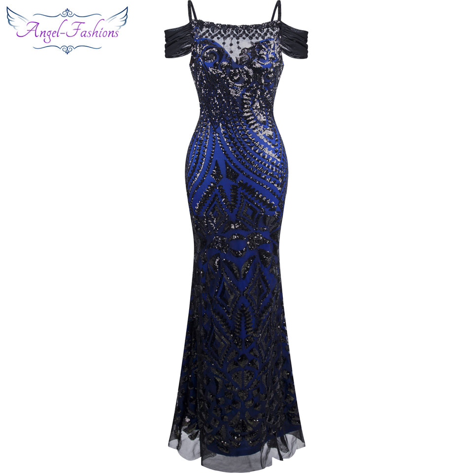 Angel-fashions vestido de festa Boat Nect Sequin  Mermaid Long Evening Dress Abendkleid  Black 220