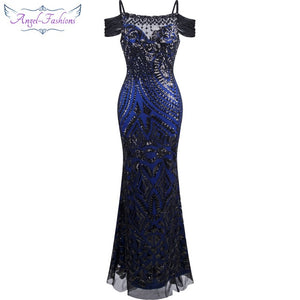 Angel-fashions vestido de festa Boat Nect Sequin  Mermaid Long Evening Dress Abendkleid  Black 220