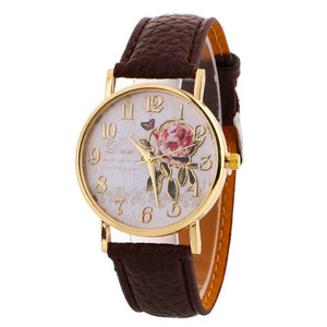 MINHIN New Arrival Rose Pattern Watches For Women Hot Selling PU Leather Wrist Watches Gift Fashion Casual Students Watch